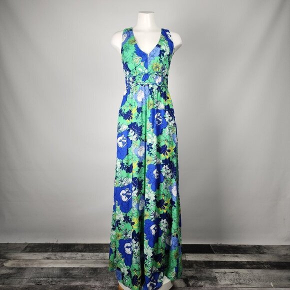 Japna Blue & Green Floral Summer Maxi Dress Size S - Picture 1 of 11